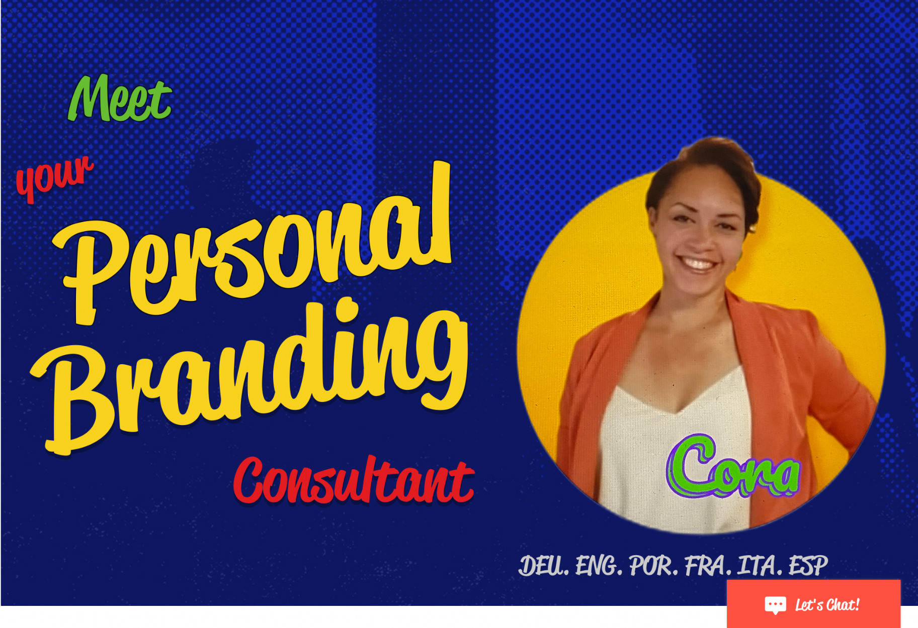 Campanha «Meet your Personal Branding Consultant Cora» com fundo cobalto em halftone e círculo amarelo