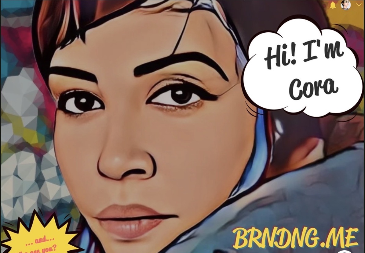 Retrato ilustrado em estilo pop art de Cora Meireles Stier, fundadora da BRNDNG.ME, com a bolha de fala «Hi! I’m Cora» e o logótipo BRNDNG.ME
