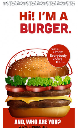 Poster pop art com um hambúrguer e o título «Hi! I’m a burger. And, who are you?»