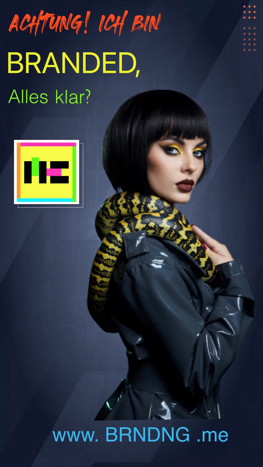 Poster editorial de uma mulher com uma serpente e o texto «Achtung! Ich bin branded»