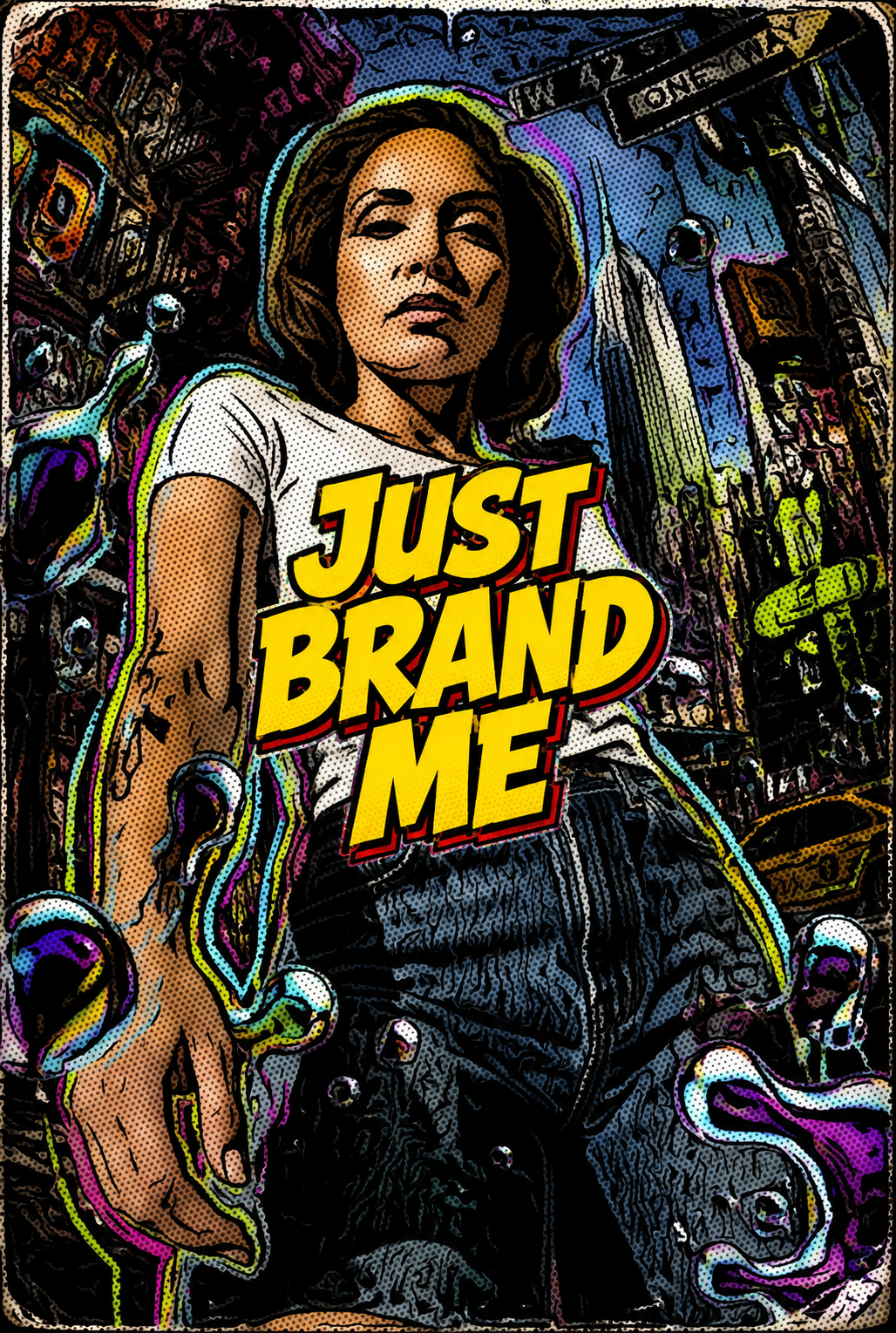 Cartaz pop art “JUST BRAND ME” da BRNDNG.ME, com skyline de cidade em fundo vermelho e azul