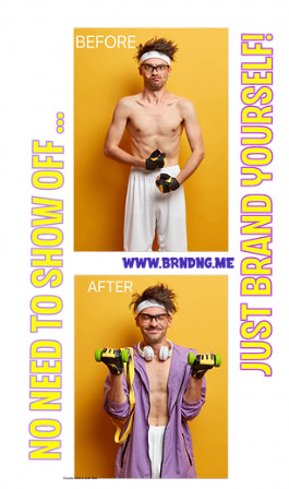 Díptico antes e depois de um cliente, com o endereço www.brndng.me em fundo amarelo